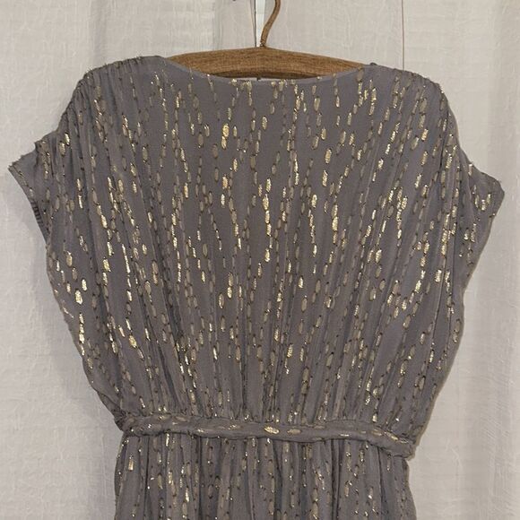 MESOP 12 Gray Gold Metallic Pleated Drop Waist V-Neck Sleeveless Tie Waist Dress - Picture 4 of 14
